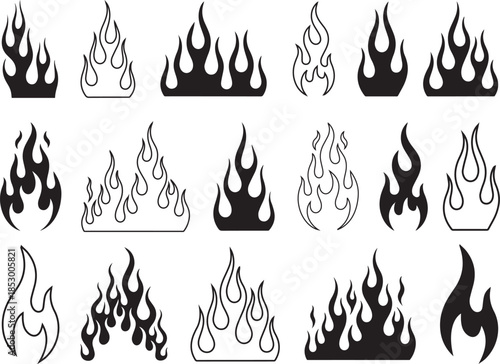 Flame Fire Icon Vector Set. Burning Blaze Silhouette Collection.