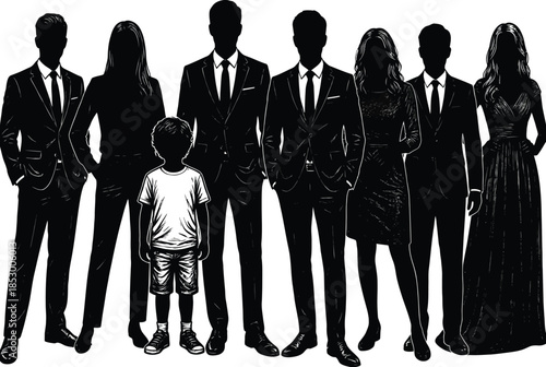 Family silhouette in formal attire isolated on white background, Vector, illustration