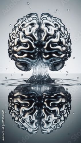 Dynamic brain of splashing liquid metal in fluid silver shape. powerful concept of intelligence and creativity emerging with big splash from reflective water