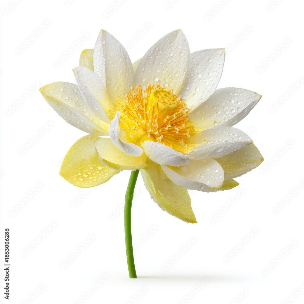 Obraz premium Beautiful white lotus flower with yellow center and water droplets on petals, symbol of purity and tranquility, isolated on white background