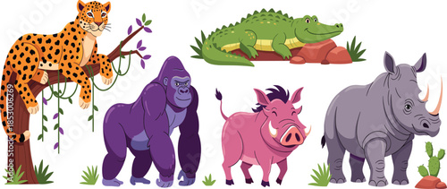 Set of wild african safari animal characters including spotted leopard on tree branch green crocodile purple gorilla pink warthog and grey rhinoceros isolated