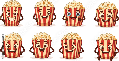 Cartoon popcorn containers with expressive faces and striped designs, fun vector illustration for kids and snack-themed content