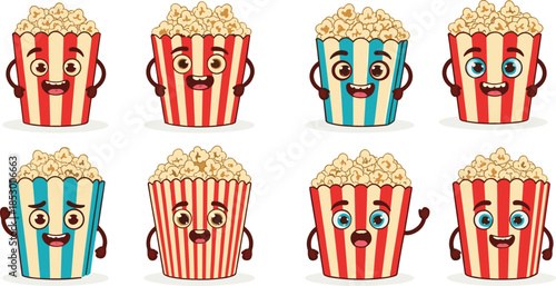Cartoon popcorn containers with expressive faces, red and blue striped designs, fun vector illustration for kids and snack themes
