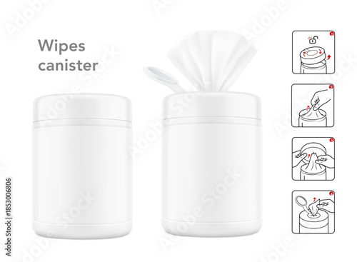 Wet wipes canister open and closed mockups with user instruction. Vector illustration isolated on white background. Easy to customise for your product, promo or ad. EPS10.