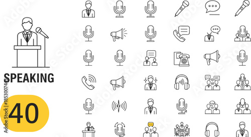 Public speaking line icons set with microphone megaphone and orator symbols.Public speaking line icons set with microphone megaphone and orator symbols.