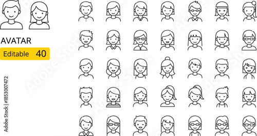 People avatar line icons set with diverse male and female character faces.People avatar line icons set with diverse male and female character faces.