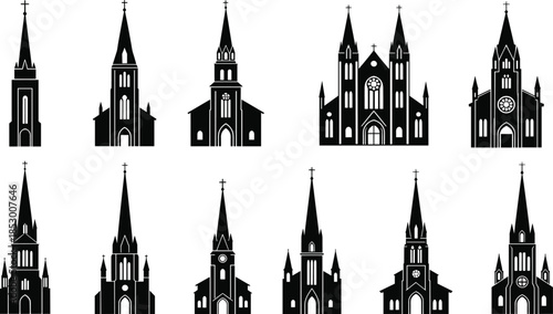 Church silhouettes, cathedral icons, religious architecture, gothic spires, historic buildings, black illustration, steeple design, sacred structures, ornate towers, spiritual landmarks