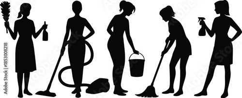Women engaged in various cleaning activities isolated on white background, Vector, illustration