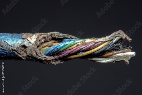 A close-up view of a damaged electrical cable with exposed wires of multiple colors