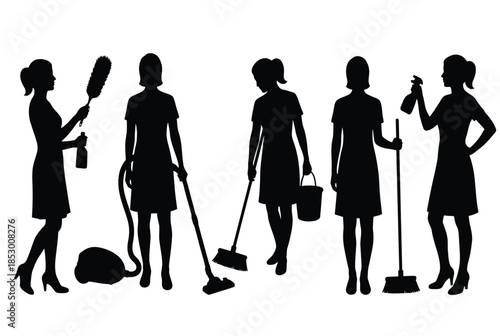 Silhouettes of women engaged in cleaning activities isolated on white background, Vector, illustration