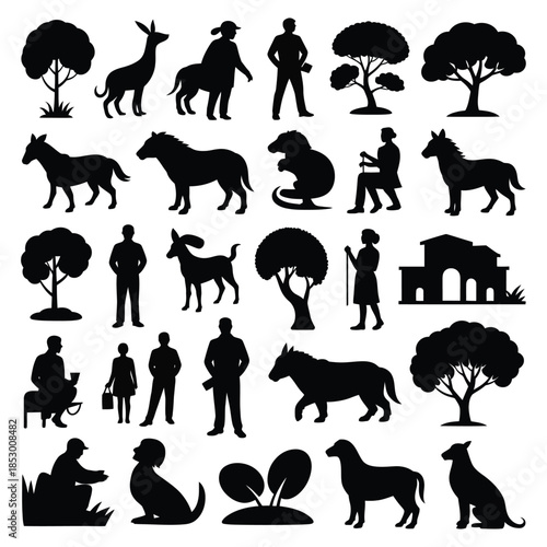 Silhouettes of people and animals isolated on white background, Vector, illustration