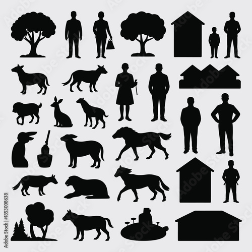 Rural life silhouettes isolated on white background, Vector, illustration