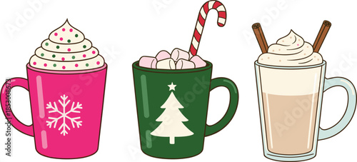 Set of Christmas holiday mugs with hot cocoa whipped cream and toppings.Set of Christmas holiday mugs with hot cocoa whipped cream and toppings.