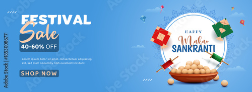 happy makar sankranti festival sale banner design with kites and ladoo pot on blue natural shiny background