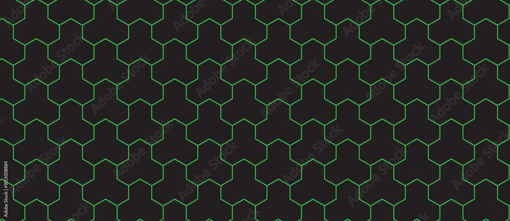 Obraz premium Abstract geometric pattern with interlocking hexagonal shapes in metallic green on a dark background