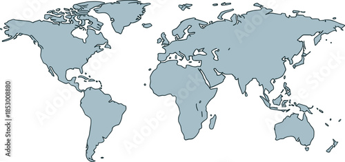 Simplified world map vector illustration showing continents with clean black outlines.Simplified world map vector illustration showing continents with clean black outlines.