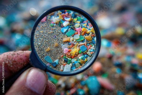 A magnifying glass examines microplastics amidst sand, colorful fragments on beach, close-up perspective