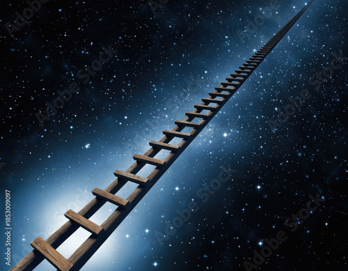 Wooden ladder represents journey upward toward future of success and growth. This infinite path through space and stars symbolizes ambition and endless possibility