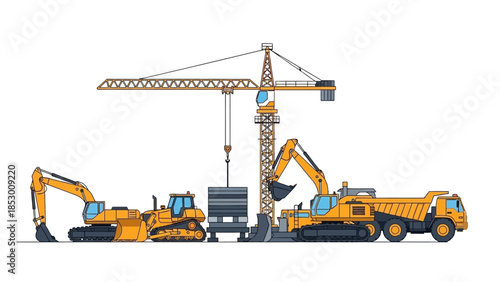 Construction Site with Crane, Excavators, and Dump Truck Illustration.