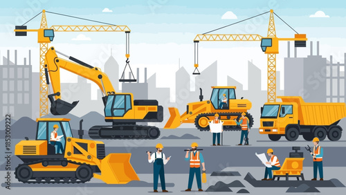 Construction Site with Heavy Machinery and Workers Illustration.