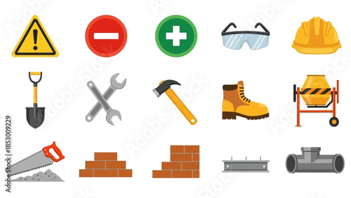 Construction Tools and Safety Equipment Icons Set.