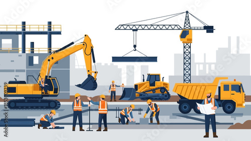 Construction Site with Heavy Machinery and Workers Illustration.