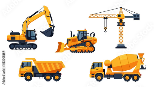 Construction Vehicles - Excavator, Bulldozer, Crane, Dump Truck, and Mixer Truck.