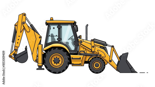 Illustration of a yellow backhoe loader with a front loader and backhoe.