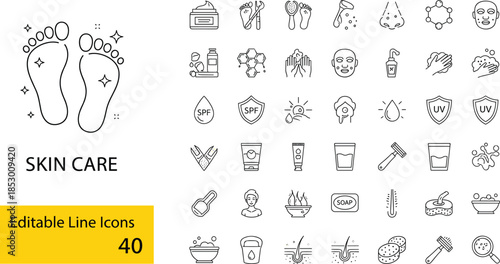 Skin care and beauty line icons set featuring dermatology hygiene and cosmetic symbols.Skin care and beauty line icons set featuring dermatology hygiene and cosmetic symbols.