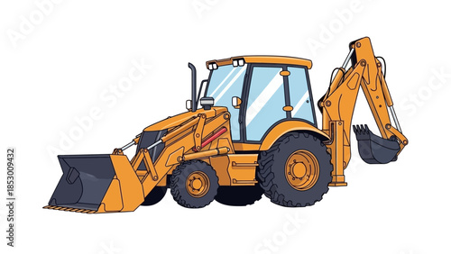 Illustration of a Yellow Backhoe Loader with Front Loader.