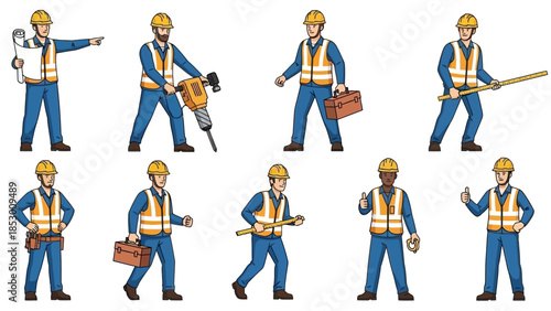 Illustrations of Construction Workers in Various Poses and Actions.