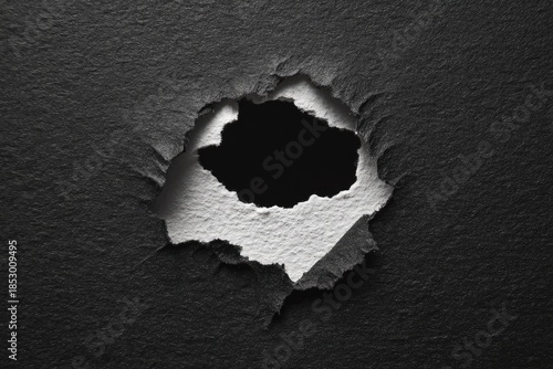 Black paper with a torn hole revealing white paper, textured with detail