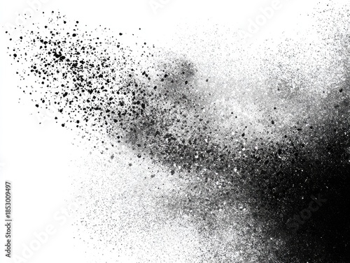 Black particles exploding, artistic abstract on white background. Dark, textured, random shapes