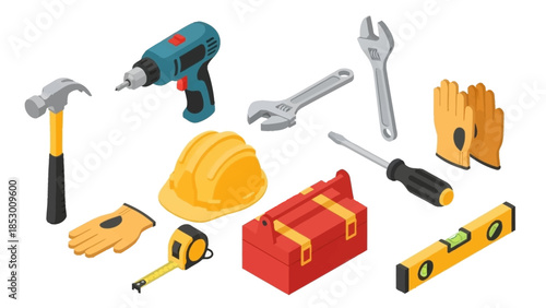 Isometric Construction Tools Set - Hammer, Drill, Wrenches, Gloves, and More.