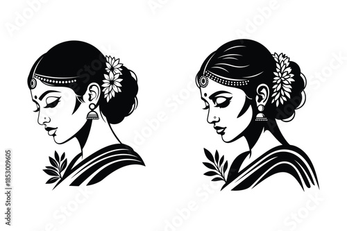 indian woman portrait vector with bindi, jhumka and floral bun