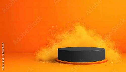 Black pedestal with orange accents and a vibrant yellow powder explosion