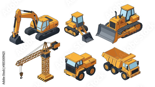 Isometric Construction Vehicles - Excavator, Bulldozer, Crane, and Dump Truck.