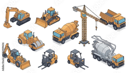 Isometric Construction Vehicles - Excavator, Bulldozer, Crane, Mixer, and More.