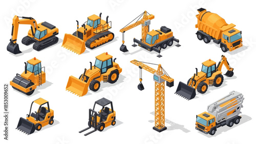 Isometric Construction Vehicles - Excavator, Bulldozer, Crane, Mixer, Forklift.