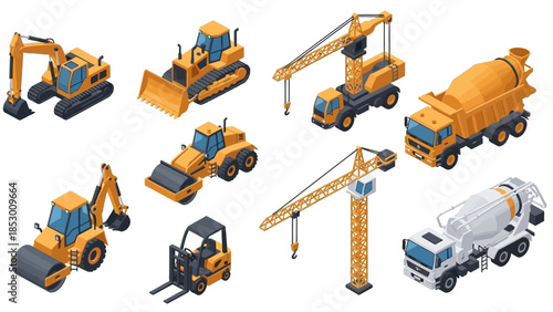 Isometric Construction Vehicles - Excavator, Bulldozer, Crane, Mixer.