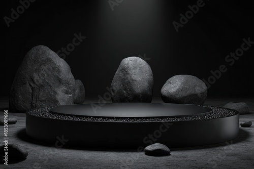 Black pedestal with stones, dark scene with spotlight and shadows. Modern display