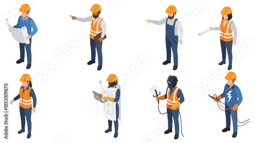 Isometric Construction Workers in Various Poses and Actions.