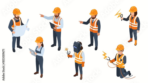 Isometric Construction Workers in Various Poses and Roles.