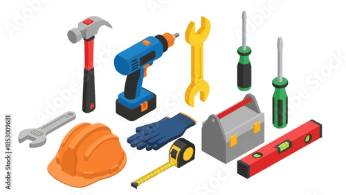 Isometric View of Construction Tools and Safety Equipment.
