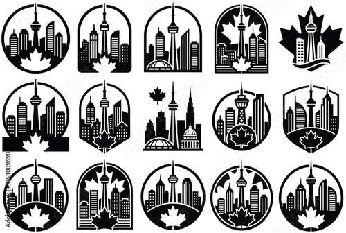 Canadian city skylines with maple leaves isolated on white background, Vector, illustration