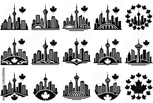 Canadian city skylines with maple leaves isolated on white background, Vector, illustration