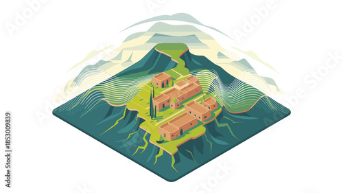 Ancient monastery nestled between mountains and cliffs