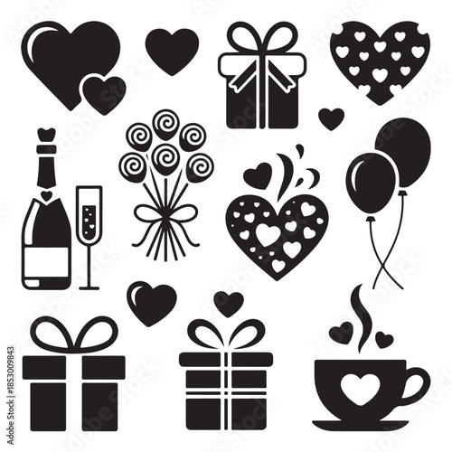 Romantic Valentine’s Day Love Icons Set – Hearts, Gifts, Roses & Champagne
