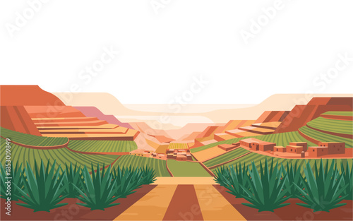 Vibrant agave farm in desert valley with terraced fields and small village