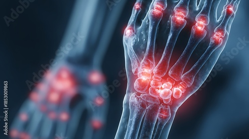 A medical illustration of a human hand with highlighted joints and red inflammation.